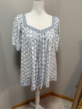 Max Studio White Floral Square-Neck Peasant Blouse 2X